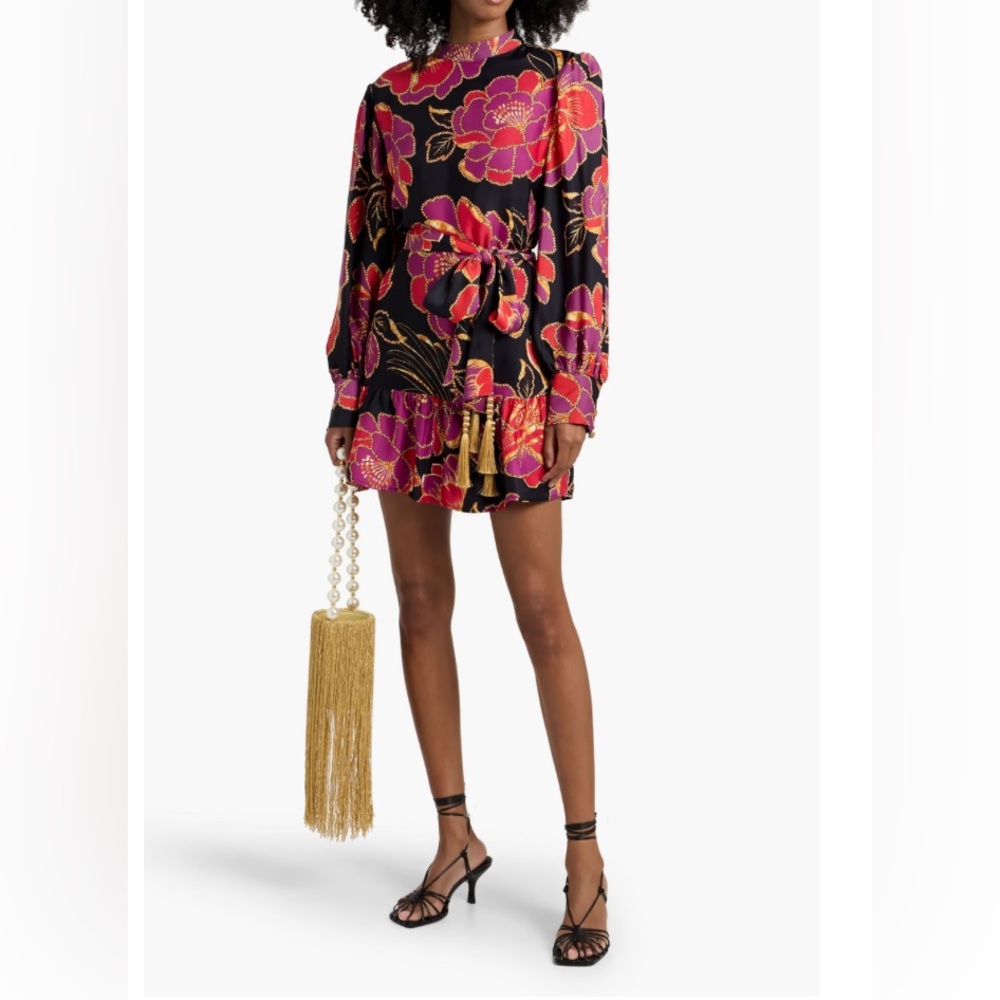 NWT FARM Rio Shiny Chita Floral Print Long Sleeve Minidress SZ L W/Belt Pretty!